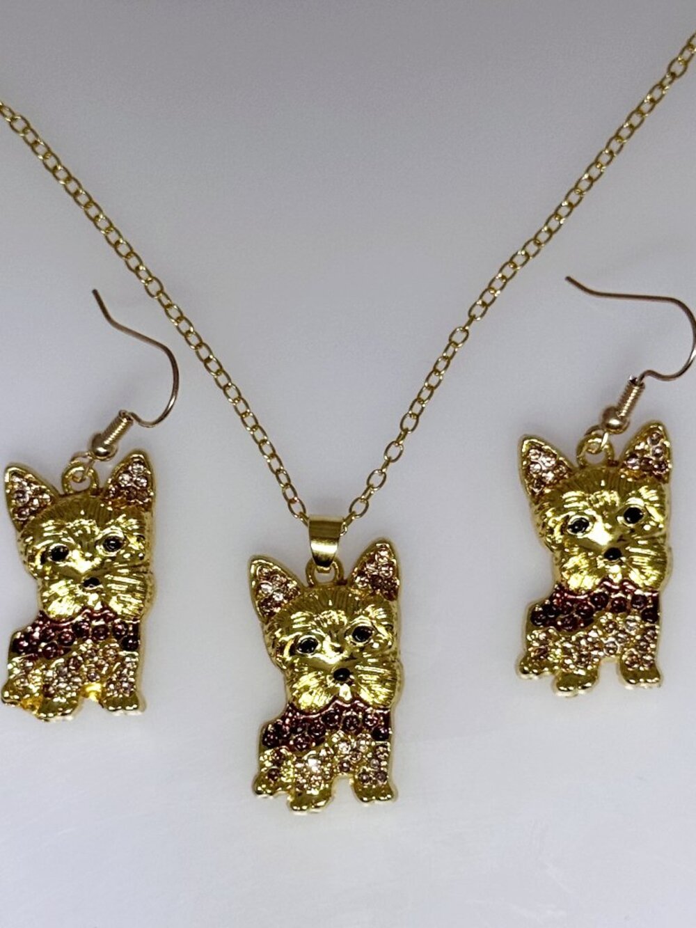 Yorkie dog pendant necklace, earring set, brown, NWOT, gold tone
